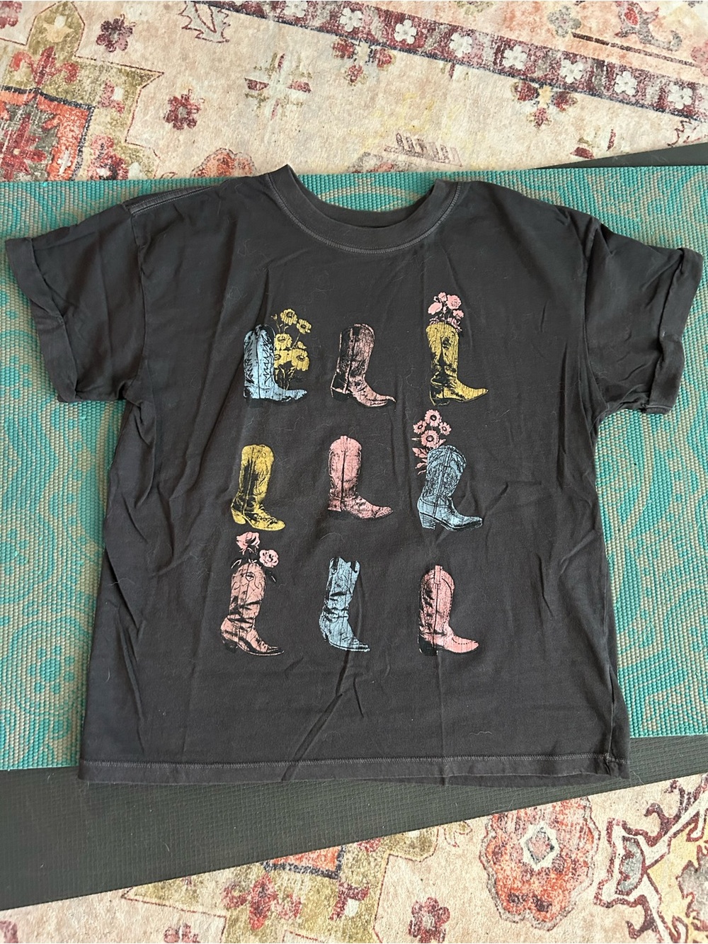 Black Short Sleeve Tee with Pastel Cowboy Boot Print